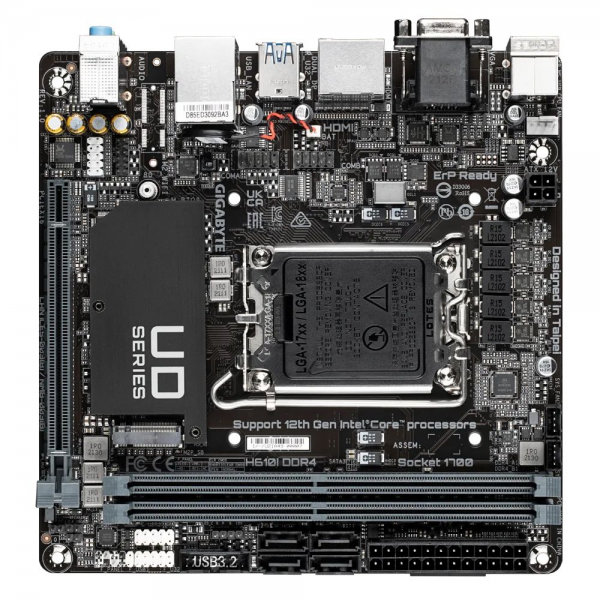 Материнская плата Gigabyte H610I DDR4, Socket 1700, Intel®Р610, 2xDDR4-3200, D-Sub+HDMI+DP+DP, 1xPCI-Ex16, 4xSATA3, 1xM.2, 8Ch Audio, 1xGLan, (4+4)xUSB2.0, (2+2)xUSB3.2, 1xPS/2, Mini-ITX, RTL {10} (834562)