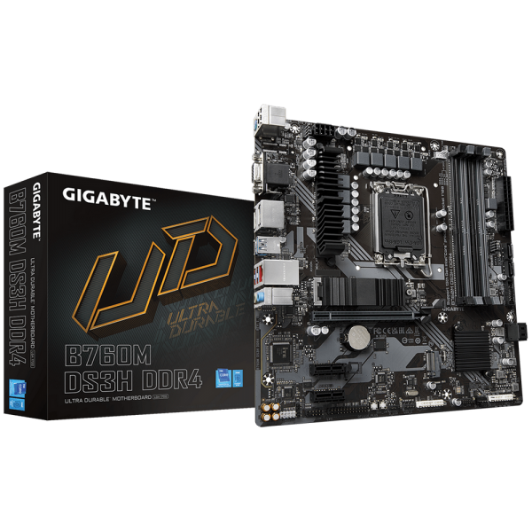 Материнская плата Gigabyte B760M DS3H DDR4, Socket 1700, Intel®B760, 4xDDR4-3200, D-SUB+HDMI+DP+DP, 1xPCI-Ex16, 2xPCI-Ex1, 4xSATA3(RAID 0/1/5/10), 2xM.2, 8Ch Audio, 2,5GbLan, (2+4)xUSB2.0, (3+2)xUSB3.2, (1+0)xUSB3.2 Type-C™, mATX, RTL {10}