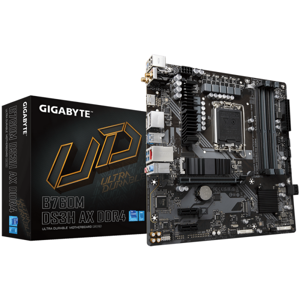 Материнская плата Gigabyte B760M DS3H AX DDR4, Socket 1700, Intel®B760, 4xDDR4-3200, HDMI+DP+DP, 1xPCI-Ex16, 2xPCI-Ex1, 4xSATA3(RAID 0/1/5/10), 2xM.2, 8Ch Audio, GLan, WiFi, (2+4)xUSB2.0, (3+2)xUSB3.2, (1+0)xUSB3.2 Type-C™, 1xPS/2, mATX, RTL