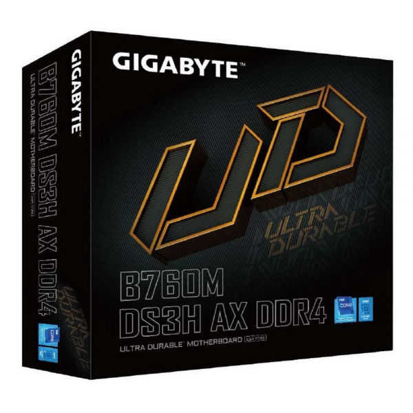 Материнская плата Gigabyte B760M DS3H AX DDR4, Socket 1700, Intel®B760, 4xDDR4-3200, HDMI+DP+DP, 1xPCI-Ex16, 2xPCI-Ex1, 4xSATA3(RAID 0/1/5/10), 2xM.2, 8Ch Audio, GLan, WiFi, (2+4)xUSB2.0, (3+2)xUSB3.2, (1+0)xUSB3.2 Type-C™, 1xPS/2, mATX, RTL