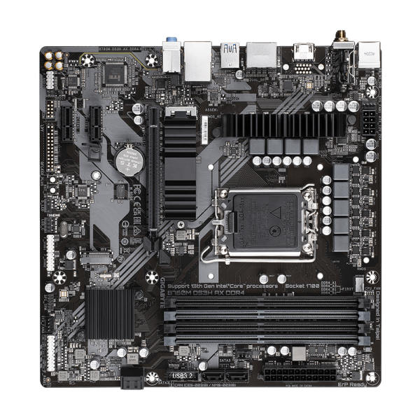 Материнская плата Gigabyte B760M DS3H AX DDR4, Socket 1700, Intel®B760, 4xDDR4-3200, HDMI+DP+DP, 1xPCI-Ex16, 2xPCI-Ex1, 4xSATA3(RAID 0/1/5/10), 2xM.2, 8Ch Audio, GLan, WiFi, (2+4)xUSB2.0, (3+2)xUSB3.2, (1+0)xUSB3.2 Type-C™, 1xPS/2, mATX, RTL
