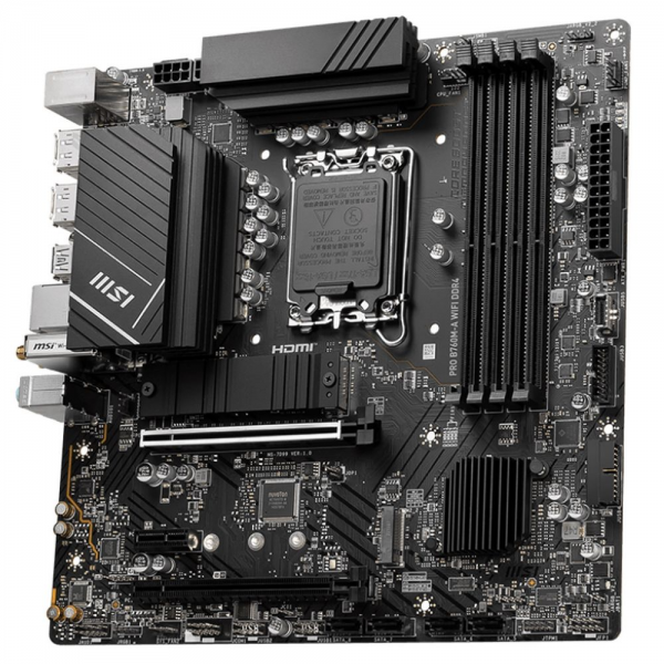 Материнская плата MSI PRO B760M-A WIFI DDR4 B760, LGA1700, 4*DDR4, 2*PCIEx16, 1*PCIEx1, 2*M.2, 1*TypeC, 2*USB3.2Gen2, 6*USB3.2Gen1, 6*USB2.0, 4*SATA3.0, 2.5G, 2*DP, 2*HDMI, M-ATX, RTL