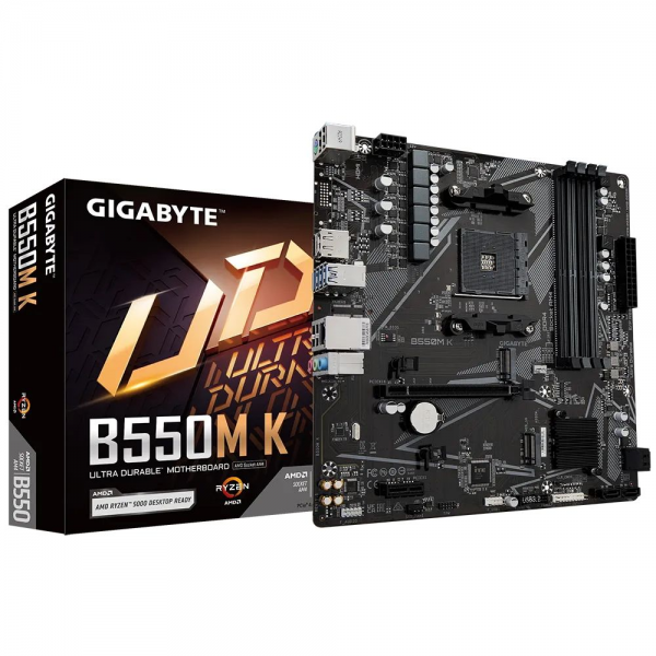 Материнская плата Gigabyte B550M K, Socket AM4, AMD B550, 4xDDR4-3200, HDMI+DP, 1xPCI-Ex16, 1xPCI-Ex1, 4xSATA3(RAID 0/1/10), 2xM.2, 8 Ch Audio, GLan, (4+2)xUSB2.0, (4+2)xUSB3.2, 1xPS/2, mATX, RTL {10}