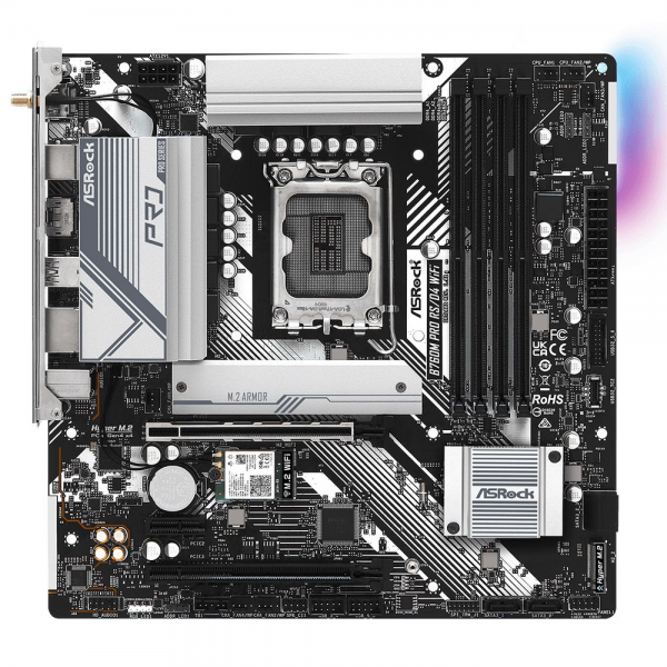 Материнская плата ASRock  RTL B760M PRO RS/D4 WIFI, Socket 1700, Intel®B760, 4xDDR4-3200, HDMI+DP, 2xPCI-Ex16, 1xPCI-Ex1, 4xSATA3(RAID0/1/5/10), 2xM.2, 8 Ch Audio, 1x2.5GLan, WiFi, (2+4)xUSB2.0, (3+2)xUSB3.2, (1+1)xUSB3.2 Type-C™, ATX, 1xPS/2, RTL {}