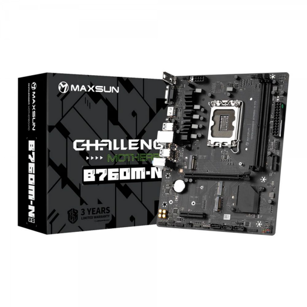 Материнская плата Maxsun MS-Challenger B760M-N D5 B760, LGA1700, 2*DDR5, 1*PCIEx16, 1*PCIEx4, 2*M.2, 6*USB3.2Gen1, 6*USB2.0, 3*SATA3.0, 1G, VGA, HDMI, M-ATX, RTL