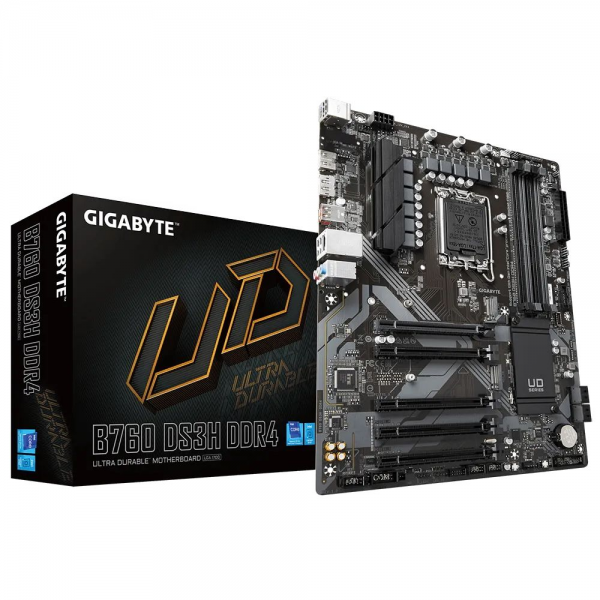 Материнская плата Gigabyte B760 DS3H DDR4, Socket 1700, Intel®B760, 4xDDR4-3200, HDMI+DP, 5xPCI-Ex16, 4xSATA3(RAID 0/1/5/10), 2xM.2, 8Ch Audio, GLan, (4+4)xUSB2.0, (1+2)xUSB3.2, (1+1)xUSB3.2 Type-C™, 1xPS/2, ATX, RTL