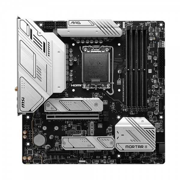 Материнская плата MSI MAG B760M MORTAR WIFI II B760, LGA1700, 4*DDR5, 1*PCIEx16, 1*PCIEx4, 3*M.2, 2*TypeC, 3*USB3.2Gen2, 2*USB3.2Gen1, 8*USB2.0, 4*SATA3.0, 2.5G, DP, HDMI, M-ATX, RTL