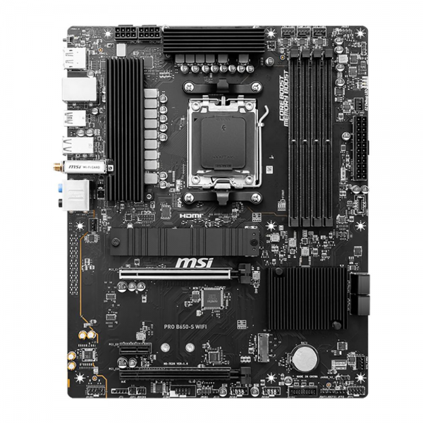 Материнская плата MSI PRO B650-S WIFI B650, AM5, 4*DDR5, 2*PCIEx16, 1*PCIEx1, 2*M.2, 2*TypeC, 3*USB3.2Gen2, 6*USB3.2Gen1, 4*USB2.0, 4*SATA3.0, 2.5G, DP, HDMI, ATX, RTL