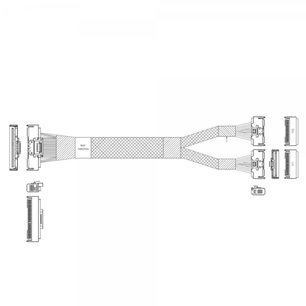 Кабель JPC P733BGB10800-1    Cable MCIO x16 124P (STRAIGHT TYPE)  -TO-  2*MCIO x8 74P (STRAIGHT TYPE) , 85 Ohm, L:80cm