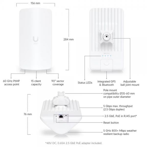 Точка доступа Wi-Fi Ubiquiti UISP Wave AP Micro Базовая станция 60 ГГц (с резервированием 5 ГГц), UISP Wave Technology, 20 дБи