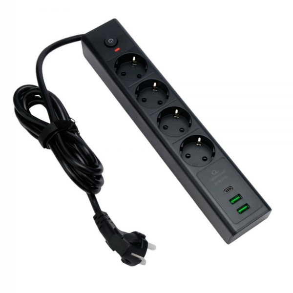 Сетевой фильтр Cablexpert Exnovo EXN-4-CU2-B-2 черный, Макс мощность 2500Вт, 3 розетки 220В, 10А, 2 розетки USB-A 5В, 1 розетка USB-C 30Вт PD, кабель 2м, ур.защиты 4+, коробка