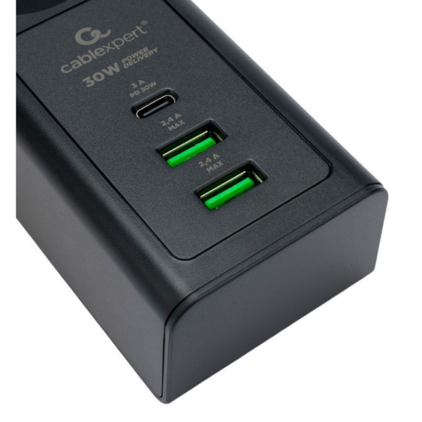 Сетевой фильтр Cablexpert Exnovo EXN-4-CU2-B-2 черный, Макс мощность 2500Вт, 3 розетки 220В, 10А, 2 розетки USB-A 5В, 1 розетка USB-C 30Вт PD, кабель 2м, ур.защиты 4+, коробка