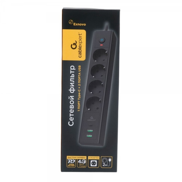 Сетевой фильтр Cablexpert Exnovo EXN-4-CU2-B-2 черный, Макс мощность 2500Вт, 3 розетки 220В, 10А, 2 розетки USB-A 5В, 1 розетка USB-C 30Вт PD, кабель 2м, ур.защиты 4+, коробка