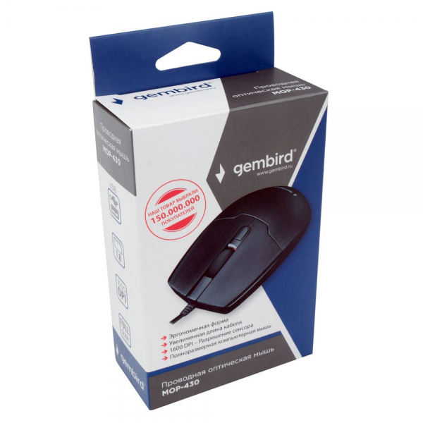 Мышь Gembird Bad Pack Мышь Gembird MOP-430, USB, черный, 3кн.+колесо-кнопка, 1600 DPI,  кабель 1.5 м