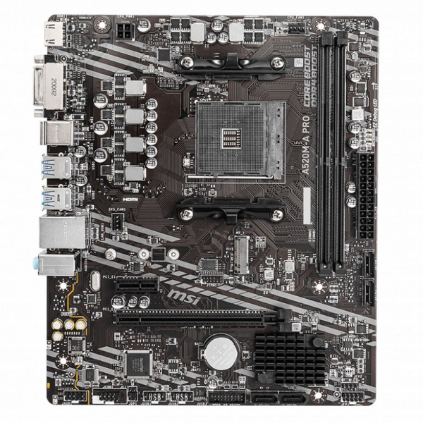 Материнская плата MSI A520M-A PRO , mATX, Socket AM4, AMD® A520, 2xDDR4-4600, HDMI+DVI-D, 1xPCI-Ex16x, 1xPCI-Ex1x, 4xSATA3(RAID 0/1/10), 1xM.2, 8 Ch Audio, GLan, (2+4)xUSB2.0, (4+2)xUSB3.2, 2xPS/2 {20} (749927)