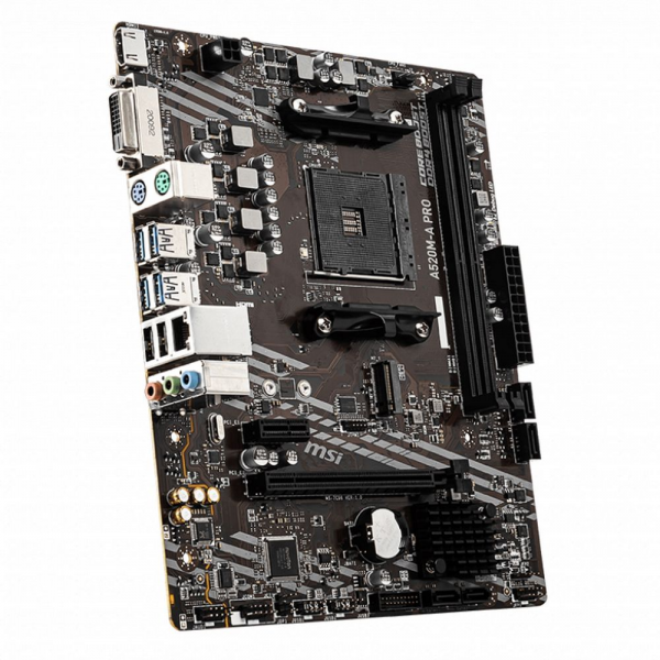 Материнская плата MSI A520M-A PRO , mATX, Socket AM4, AMD® A520, 2xDDR4-4600, HDMI+DVI-D, 1xPCI-Ex16x, 1xPCI-Ex1x, 4xSATA3(RAID 0/1/10), 1xM.2, 8 Ch Audio, GLan, (2+4)xUSB2.0, (4+2)xUSB3.2, 2xPS/2 {20} (749927)
