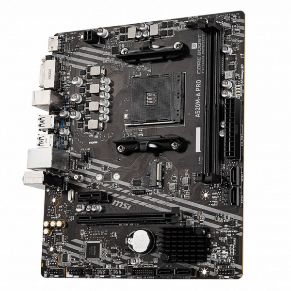 Материнская плата MSI A520M-A PRO , mATX, Socket AM4, AMD® A520, 2xDDR4-4600, HDMI+DVI-D, 1xPCI-Ex16x, 1xPCI-Ex1x, 4xSATA3(RAID 0/1/10), 1xM.2, 8 Ch Audio, GLan, (2+4)xUSB2.0, (4+2)xUSB3.2, 2xPS/2 {20} (749927)