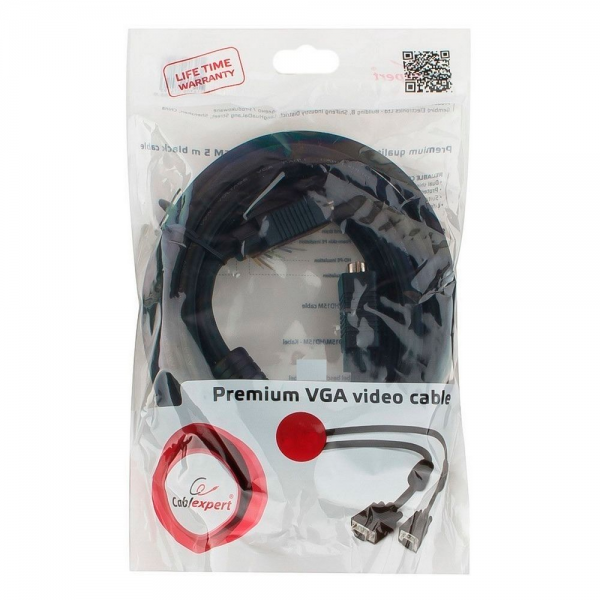 Кабель VGA Pro Cablexpert CC-PVGA-6 черный, 1.8м, 15M/15M, экран, феррит. кольца, пакет