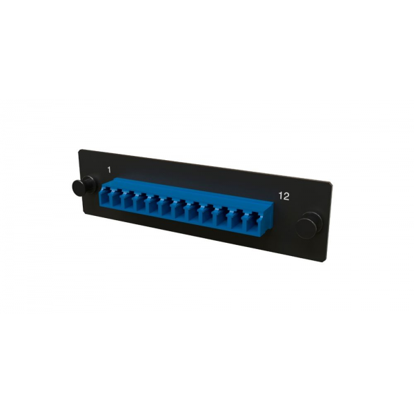 Панель Hyperline FO-FPM-W120H32-12LC-BL Панель для FO-19BX с 12 LC адаптерами, 12 волокон, одномод OS1/OS2, 120x32 мм, адаптеры цвета синий (blue)
