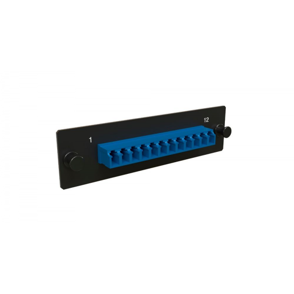 Панель Hyperline FO-FPM-W120H32-12LC-BL Панель для FO-19BX с 12 LC адаптерами, 12 волокон, одномод OS1/OS2, 120x32 мм, адаптеры цвета синий (blue)