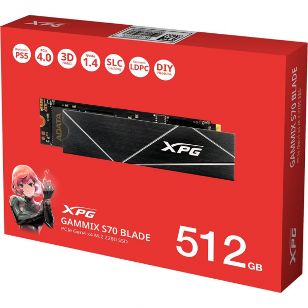 Твердотельный накопитель SSD ADATA M.2 2280 512GB XPG Blade S70 PCIe Gen4x4 with NVMe 7200/2600, MTBF 2M, 3D ТLC NAND, 370TBW, Innogrit IG5236