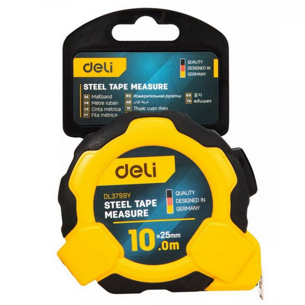 Рулетка Deli DL3799  10м*25мм, Автостоп, ударопрочный корпус, метрическая