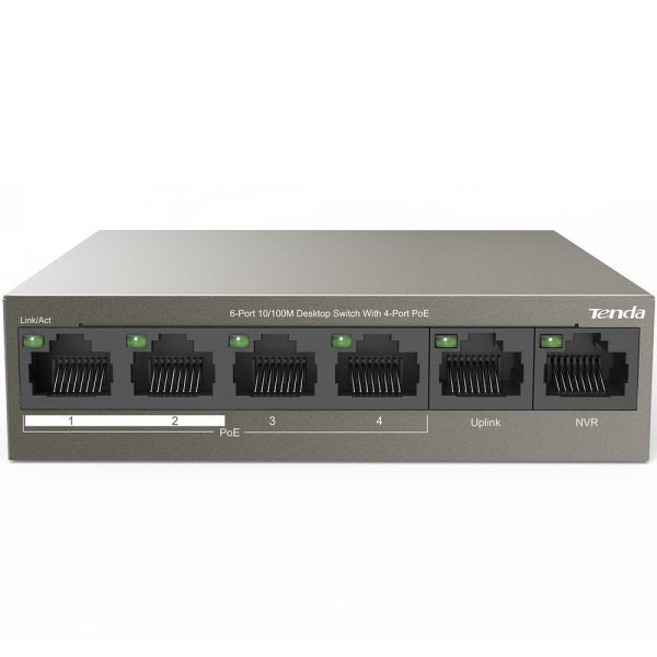 Коммутатор Tenda TEF1106P-4-63W Коммутатор неуправляемый PoE, 6 портов 6x100 Мбит/с, PoE 4х30 Вт, настольный