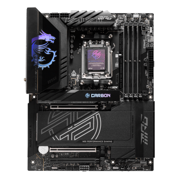 Материнская плата MSI MPG X870E CARBON WIFI X870E, AM5, 4*DDR5, 3*PCIEx16, 4*M.2, 2*TypeC, 9*USB3.2Gen2, 4*USB3.2Gen1, 4*USB2.0, 4*SATA3.0, 5G, 2.5G, 2*Type-C(DP), HDMI, ATX, RTL