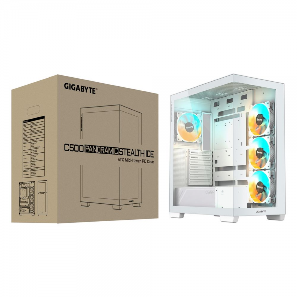 Корпус для ПК Gigabyte C500PI ST White, MidTower, ATX, Panoramic, USB-C x1, USB 3.0 x2, Audio I/O, Black, VGA 410mm, TG