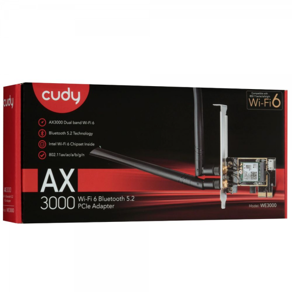 Адаптер беспроводной связи (Wi-Fi) CUDY AX3000 Wi-Fi 6 PCI Express Adapter 3000Mbps Wi-Fi 6 / Bluetooth 5.0 PCI Express Adapter, Intel AX200 module, 2T2R, 2402Mbps at 5GHz + 574Mbps at 2.4GHz, 802.11ax/ac/a/b/g/n, 2 detachable antennas, Ver 1.0