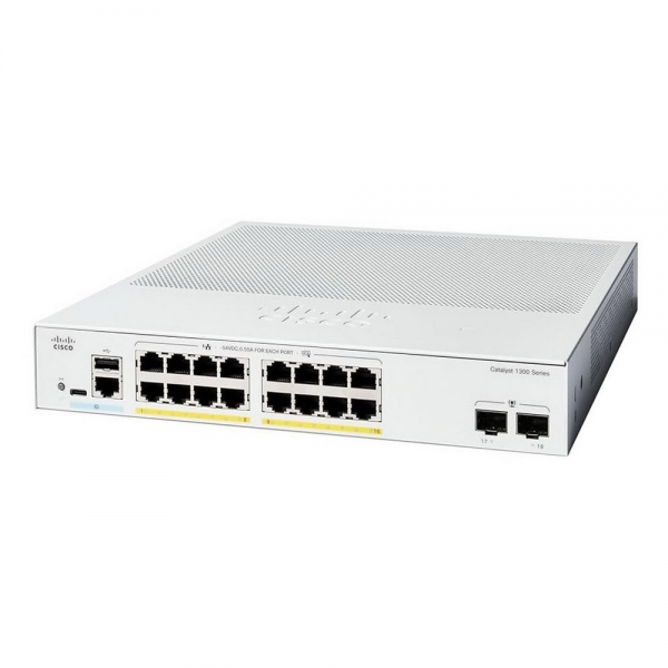 Коммутатор CISCO Catalyst 1300 16x 10/100/1000 RJ-45 PoE+, 2x 1Gb SFP uplinks, PoE+ 120W, Fanless, C1300-16P-2G