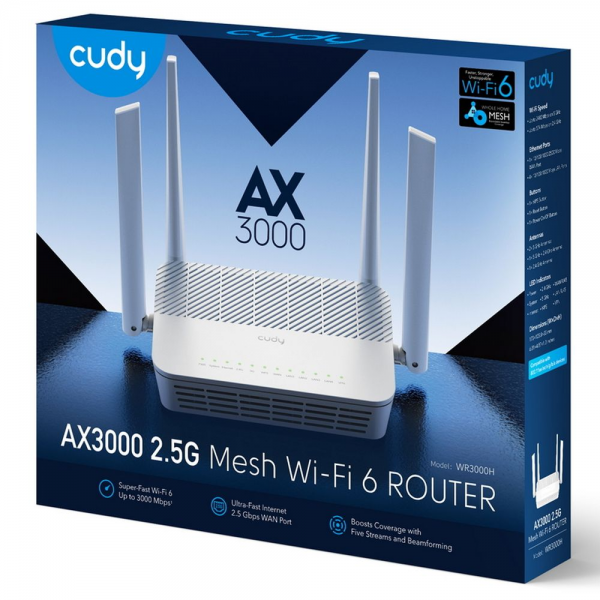 Маршрутизатор CUDY AX3000 2 5G Wi-Fi 6 Mesh Router Dual Band, Chipset MT7981BA+MT7976CN+MT7531AE+RTL8221B, 802.11ax/ac/a/b/g/n, 2402Mbps at 5GHz + 574Mbps at 2.4GHz, 1 x 2.5G Port , 4 x 10/100/1000Mbps Ports, 4 x 5dBi fixed antennas, WiFi router/AP/ Repea