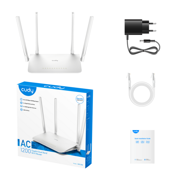 Маршрутизатор CUDY AC1200 Gigabit Wi-Fi Mesh Router Dual Band, Chipset MediaTek, 5 × 10/100/1000Mbps RJ45 Ports, 4 x 5dBi fixed antennas,  WiFi router/AP/ Repeater/WISP Mode, 802.11ac/a/b/g/n, 867Mbps at 5GHz + 300Mbps at 2.4GHz, Zerotier/Wireguard/OpenVP