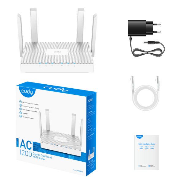 Маршрутизатор CUDY WR1300E AC1200 Gigabit Wi-Fi Router Dual Band, Chipset MediaTek, 3 × 10/100/1000Mbps RJ45 Ports, 4 x 5dBi fixed antennas,  WiFi router/AP/ Repeater/WISP Mode, 802.11ac/a/b/g/n, 867Mbps at 5GHz + 300Mbps at 2.4GHz, DDNS, WiFi Schedule, I