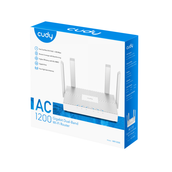 Маршрутизатор CUDY WR1300E AC1200 Gigabit Wi-Fi Router Dual Band, Chipset MediaTek, 3 × 10/100/1000Mbps RJ45 Ports, 4 x 5dBi fixed antennas,  WiFi router/AP/ Repeater/WISP Mode, 802.11ac/a/b/g/n, 867Mbps at 5GHz + 300Mbps at 2.4GHz, DDNS, WiFi Schedule, I