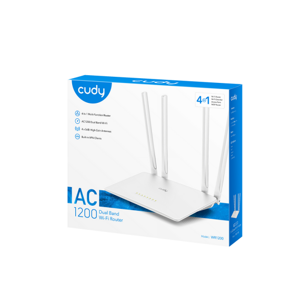 Маршрутизатор CUDY AC1200 Wi-Fi Router Dual Band, Chipset MediaTek, 802.11ac/a/b/g/n, 867Mbps at 5GHz + 300Mbps at 2.4GHz, 5 × 10/100Mbps Ports, WiFi router/AP/ Repeater/WISP Mode,4  5dBi fixed antennas, WPA3, Guest network, WPS, DDNS, VPN Client, IPv6,TR