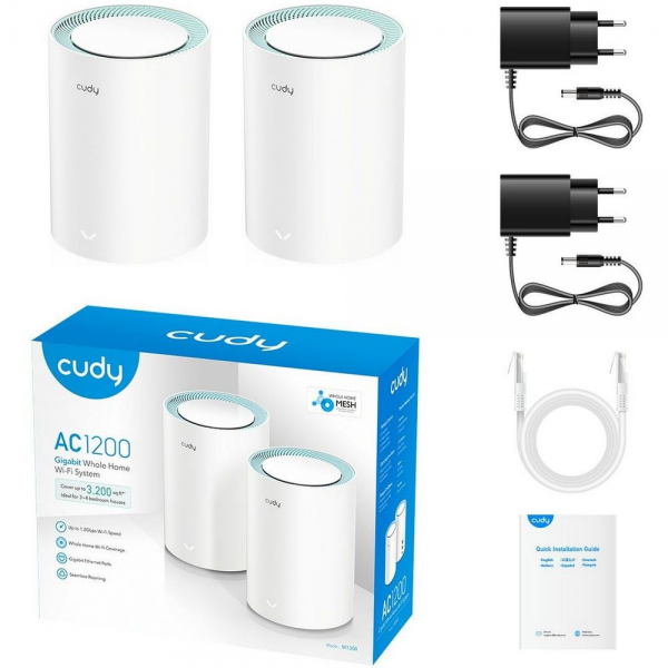 Маршрутизатор CUDY AC1200 Wi-Fi Gigabit Mesh Solution 2-Pack, Chipset MT7621+MT7613B+MT7603, Dual-Band, 867Mbps at 5GHz + 300Mbps at 2.4GHz, 802.11ac/a/b/g/n, 2 Gigabit Ethernet Ports,  internal antennas,MU-MIMO,  DDNS,Zerotier/Wireguard/OpenVPN/IPSec/L2T