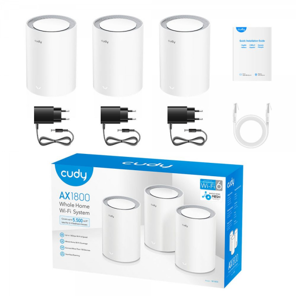 Маршрутизатор CUDY AX1800 Wi-Fi 6 Mesh Solution 3-Pack, Chipset MediaTek, Dual-Band, 802.11ax/ac/a/b/g/n,  1201Mbps at 5GHz + 574Mbps at 2.4GHz, 2 Gigabit Ethernet Ports, 4 internal antennas,  MU-MIMO, DDNS, Zerotier/Wireguard/OpenVPN/IPSec/L2TP/PPTP VPN,