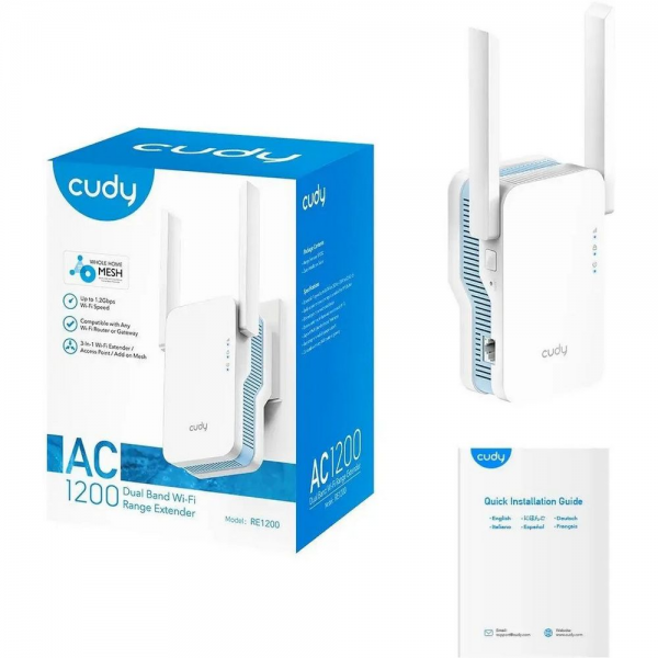 Усилитель CUDY RE1200 AC1200 Wi-Fi Mesh Repeater, AP mode, Chipset MediaTek, Cudy Mesh Support,  867Mbps at 5GHz + 300Mbps at 2.4GHz, 802.11ac/a/b/g/n,  1 10/100Mbps Port,  WPS button, Intelligent Signal Light, Access Control, LED control, Cudy APP