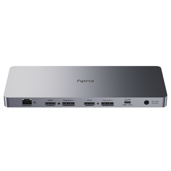 Концентратор CUDY 13-IN-1 10Gbps USB-C Dual 4K Docking Station | 150W PSU Up to One 5K(5120x2880p60) or Two 4K(4096x2160p60) Video output, 2 x Display 1.2a Port, 2 x HDMI 2.0 Port;1 x 10Gbps Upstream USB-C 3.2Gen2 port (PD 100W);  2 x 10Gbps USB-C 3.2Gen2