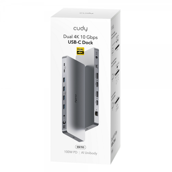 Концентратор CUDY 13-IN-1 10Gbps USB-C Dual 4K Docking Station | 150W PSU Up to One 5K(5120x2880p60) or Two 4K(4096x2160p60) Video output, 2 x Display 1.2a Port, 2 x HDMI 2.0 Port;1 x 10Gbps Upstream USB-C 3.2Gen2 port (PD 100W);  2 x 10Gbps USB-C 3.2Gen2