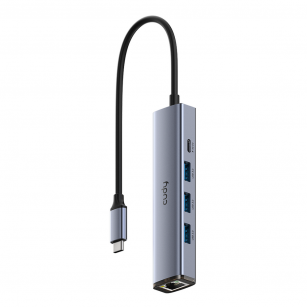 Концентратор CUDY  UH605  5-IN-1 USB Hub with GbE 5-IN-1 USB Hub, Aluminium housing,1 USB-C 3.0 5Gbps male connecter with 25cm cable, 1 Gigabit Ethernet port, 3 USB-A 3.0 5Gbps Port, 1 USB-C power input Ports(5V/2A max),  compatible with MacBook, Mac Pro,