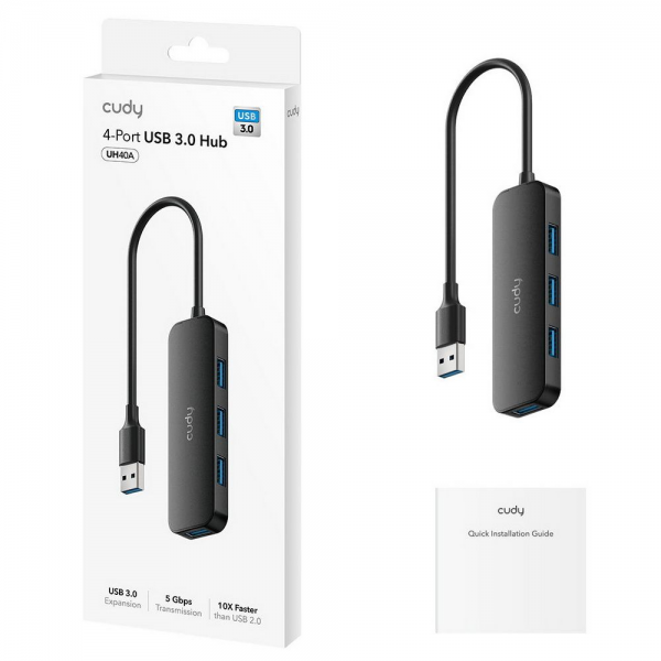 Концентратор CUDY  UH40A  4-Port USB-A 3 0 Hub USB-A to 4-Port USB-A 3.0 Hub, Plastic housing,  1 USB-A 3.0 5Gbps male connecter with 20cm cable, 4 USB-A 3.0 5Gbps Ports, compatible with MacBook, Mac Pro, Mac mini, iMac, Surface Pro, XPS, PC, Flash Drive,