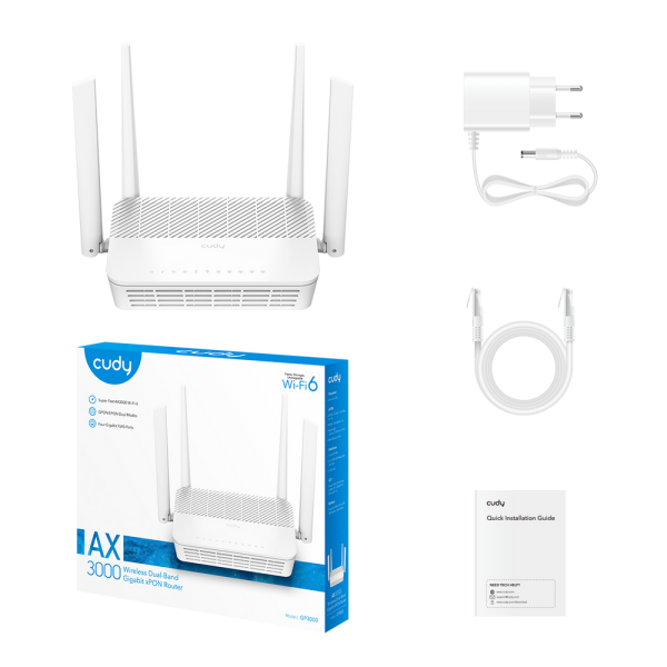 Маршрутизатор CUDY  GP3000  AX3000 Wi-Fi 6 GPON Router Dual Band Gigabit xPON, Realtek chipset, GPON/EPON,  2402Mbps at 5GHz + 576Mbps at 2.4GHz, 802.11ax/ac/a/b/g/n, 1 PON Port, 4 Gigabit RJ45 port, Power ON/OFF Button,WPS Button,WiFi Button, Reset butto