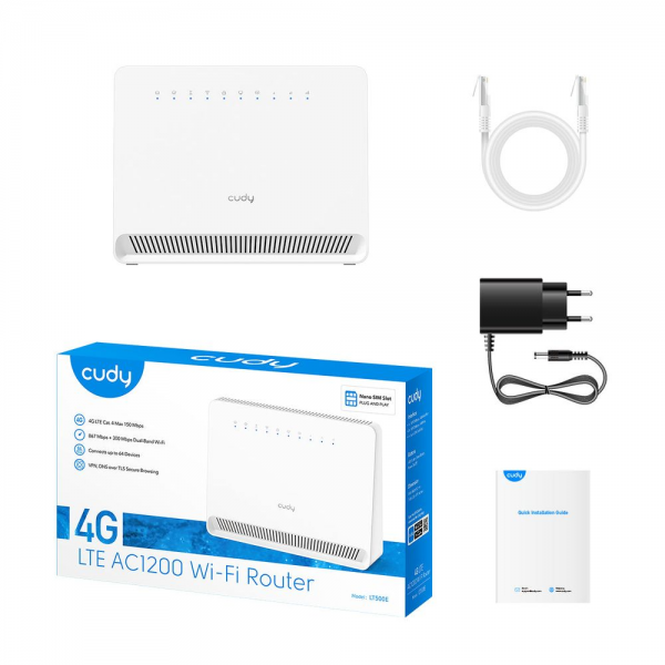 Модем CUDY AC1200 Wi-Fi 4G LTE-Cat4 Router, AC1200 Wi-Fi,  build-in 4G LTE modem,  4 10/100M RJ45 Ports,  Nano SIM Slot, 300Mbps at 2.4GHz + 867Mbps at 5GHz, Internal antennas,  PPTP/L2TP/OpenVPN/WireGuard VPN, DNS over Cloudflare/Google/Quad9, DDNS, SMS,