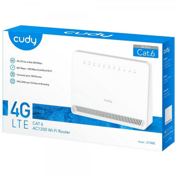 Модем CUDY AC1200 Wi-Fi 4G LTE-Cat6 Gigabit Router, 4 10/100/1000M RJ45 Ports,  Nano SIM Slot, Quectel module inside,build-in 4G LTE modem, 300Mbps at 2.4GHz + 867Mbps at 5GHz, Internal Antennas,  PPTP/L2TP/OpenVPN/WireGuard VPN, DNS over Cloudflare/Googl