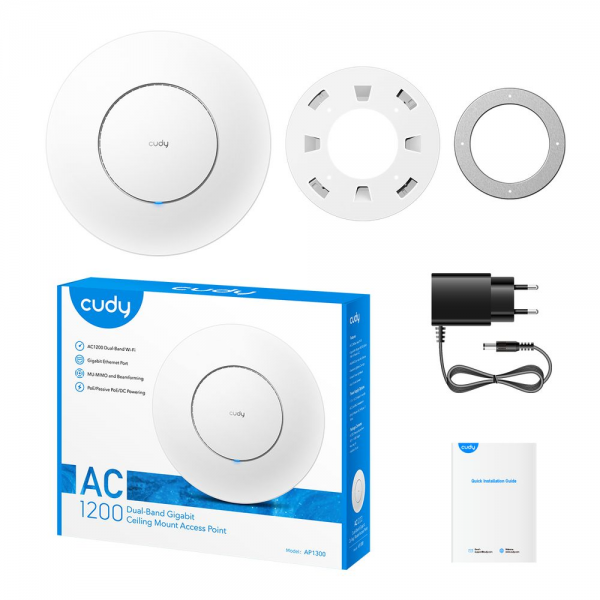 Точка доступа Wi-Fi CUDY AC1200 Wi-Fi Gigabit Access Point AC1200 Dual Band Gigabit Ceiling Mount Access Point,  MT7621DAN+MT7613B+MT7603E,  867Mbps at 5GHz + 300Mbps at 2.4GHz,  1 x GbE RJ45 Port, Support 12V DC or 802.3af PoE or Passive PoE, Internal An