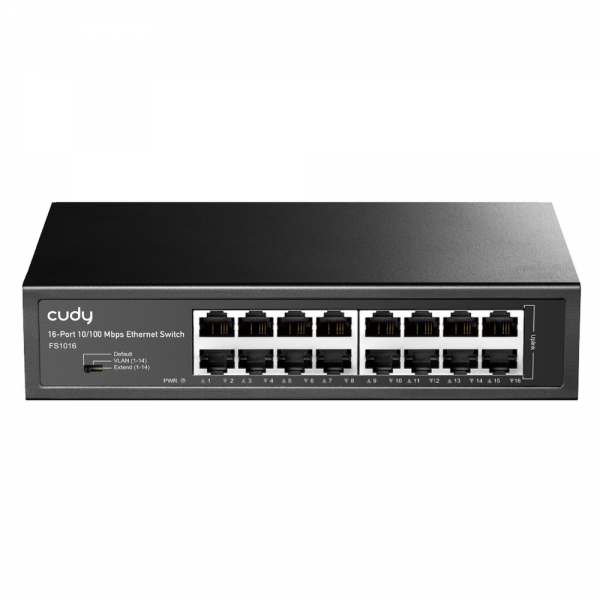 Коммутатор CUDY 16-Port 10/100 Mbps Metal Switch 16-Port 10/100 Mbps Switch, 16 10/100 Mbps RJ45 Ports, Switch/VLAN/Extend working mode DIP switch, Rack-mountable Steel Case, Power Saving, Plug & Play, Rack-Mount kits included
