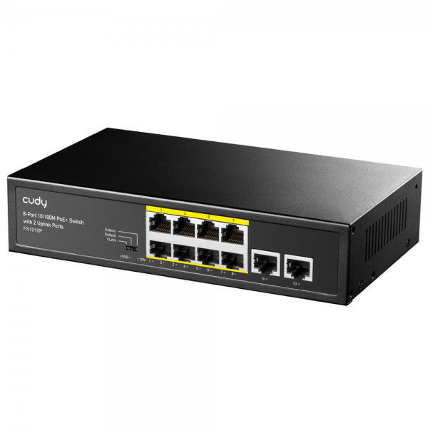 Коммутатор CUDY  FS1010P  8-Port 10/100M PoE+ Switch with 2 Uplink Ports 120W   8-Port 10/100M PSE RJ-45  +2 RJ45 10/100M Uplink Port Unmanaged PoE+ Switch 120W, CCTV/VLAN mode support, long distance:250M at CCTV mode.  802.3af/at standard, Support PD Ali