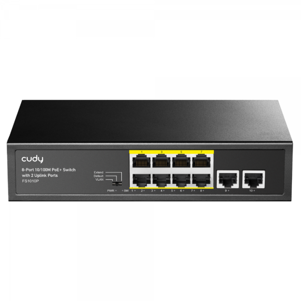 Коммутатор CUDY  FS1010P  8-Port 10/100M PoE+ Switch with 2 Uplink Ports 120W   8-Port 10/100M PSE RJ-45  +2 RJ45 10/100M Uplink Port Unmanaged PoE+ Switch 120W, CCTV/VLAN mode support, long distance:250M at CCTV mode.  802.3af/at standard, Support PD Ali